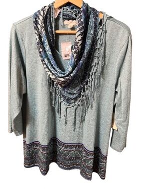 NWT Cactus+Pearl Teal Blue Women's Fringe Scarf Top Cracker Barrel Size XL